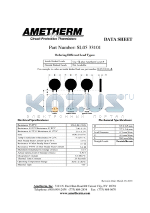 SL0533101 datasheet - Inside Kinked Leads Use -A after Ametherms part # Outside Kinked Leads Not Available