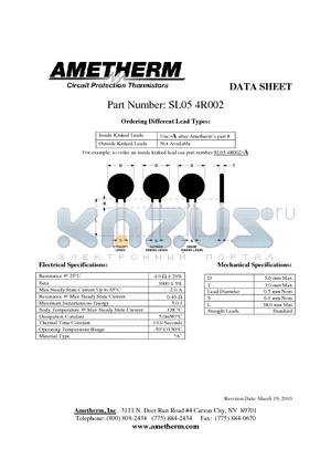 SL054R002 datasheet - Circuit Protection Thermistors