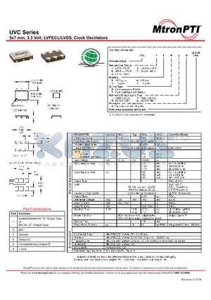 UVC14ZPN datasheet - 5x7 mm, 3.3 Volt, LVPECL/LVDS, Clock Oscillators