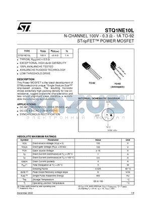 STQ1NE10L datasheet - N-CHANNEL 100V - 0.3 ohm - 1A TO-92 STripFET POWER MOSFET