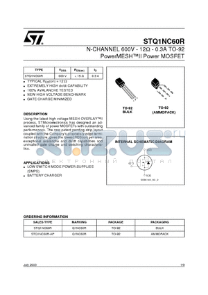STQ1NC60R datasheet - N-CHANNEL 600V - 12ohm - 0.3A TO-92 PowerMESHII Power MOSFET