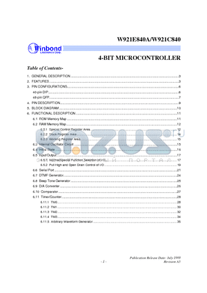 W921E840 datasheet - 4-BIT MICROCONTROLLER