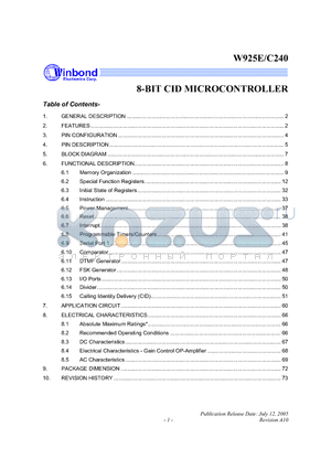 W925C240 datasheet - 8-BIT CID MICROCONTROLLER