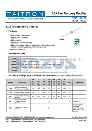 TF101 datasheet - 1.0A Fast Recovery Rectifier