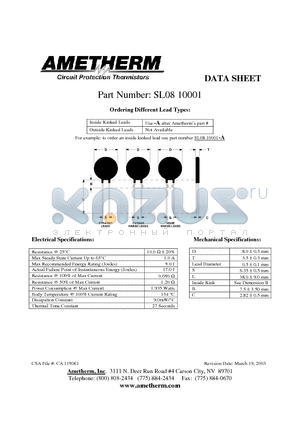SL0810001 datasheet - Inside Kinked Leads Use -A after Ametherms part # Outside Kinked Leads Not Available