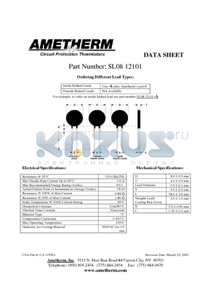 SL0812101 datasheet - Inside Kinked Leads Use -A after Ametherms part # Outside Kinked Leads Not Available