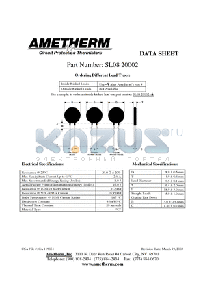 SL0820002 datasheet - Inside Kinked Leads Use -A after Ametherms part # Outside Kinked Leads Not Available