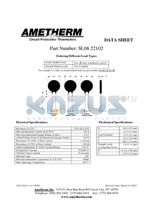 SL0822102 datasheet - Inside Kinked Leads Use -A after Ametherms part Outside Kinked Leads Not Available