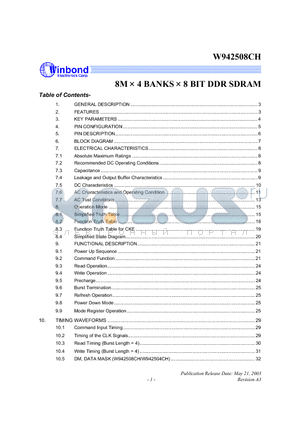 W942508CH-7 datasheet - 8M x 4 BANKS x 8 BIT DDR SDRAM