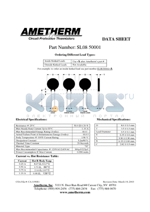 SL0850001 datasheet - Inside Kinked Leads Use -A after Ametherms part # Outside Kinked Leads Not Available