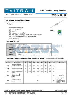TF155 datasheet - 1.5A Fast Recovery Rectifier