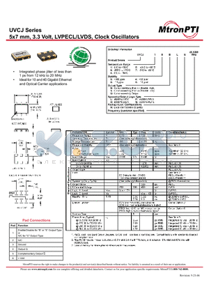 UVC63BPN datasheet - 5x7 mm, 3.3 Volt, LVPECL/LVDS, Clock Oscillators