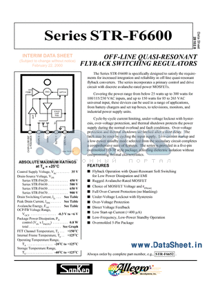 STR-F6624 datasheet - OFF-LINE QUASI-RESONANT FLYBACK SWITCHING REGULATORS