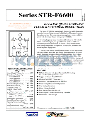 STR-F6653 datasheet - OFF-LINE QUASI-RESONANT FLYBACK SWITCHING REGULATORS