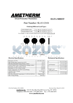 SL1012101-A datasheet - Circuit Protection Thermistors