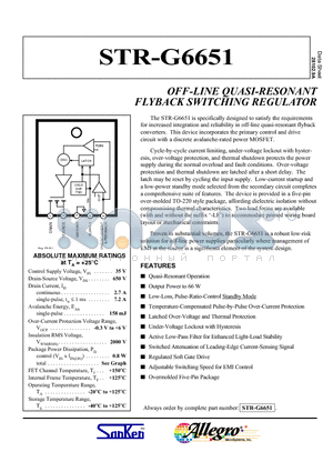 STR-G6653 datasheet - OFF-LINE QUASI-RESONANT FLYBACK SWITCHING REGULATOR