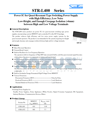 STR-L400 datasheet - Power IC for Quasi-Resonant Type Switching Power Supply with High Efficiency, Low Noise