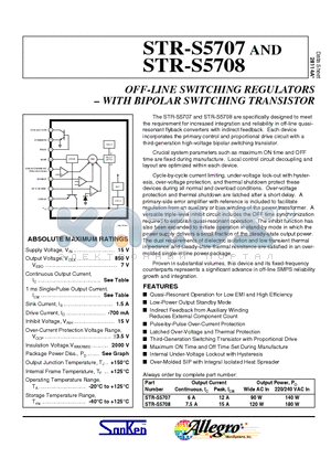 STR-S5708 datasheet - OFF-LINE SWITCHING REGULATORS  WITH BIPOLAR SWITCHING TRANSISTOR