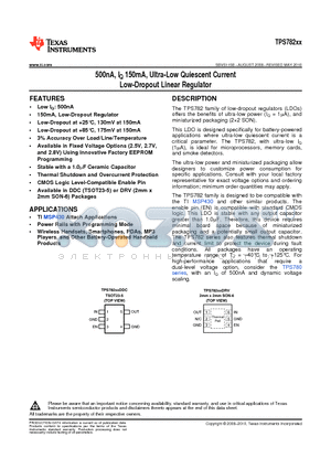 TPS78222DRVT datasheet - 500nA, IQ 150mA, Ultra-Low Quiescent Current Low-Dropout Linear Regulator