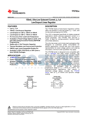 TPS78223DDCT datasheet - 150mA, Ultra-Low Quiescent Current, IQ 1mA Low-Dropout Linear Regulator