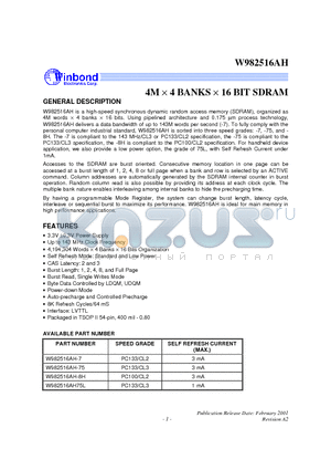 W982516AH-75 datasheet - 4M x 4 BANKS x 16BIT SDRAM