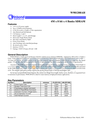 W981208AH datasheet - 4M x 8 bit x 4 Banks SDRAM