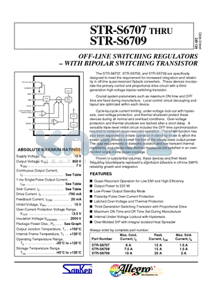 STR-S6707 datasheet - OFF-LINE SWITCHING REGULATORS - WITH BIPOLAR SWITCHING TRANSISTOR