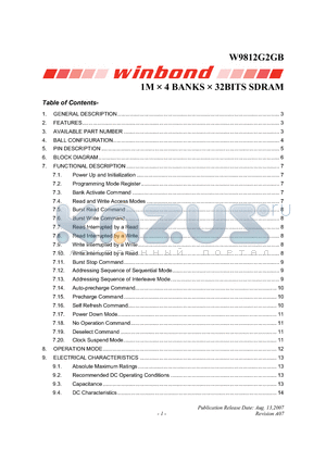 W9812G2GB-6 datasheet - 1M  4 BANKS  32BITS SDRAM