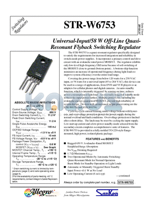STR-W6753 datasheet - Universal-Input/58 W Off-Line Quasi-Resonant Flyback Switching Regulator