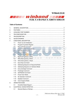 W9864G2GH datasheet - 512K X 4 BANKS X 32BITS SDRAM