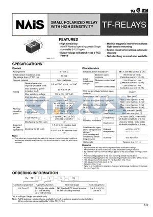 TF2-L2-5V datasheet - SMALL POLARIZED RELAY WITH HIGH SENSITIVITY