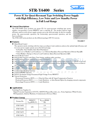 STR-Y6453 datasheet - Power IC for Quasi-Resonant Type Switching Power Supply with High Efficiency