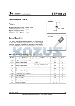 STR4A60S datasheet - Sensitive Gate Triacs