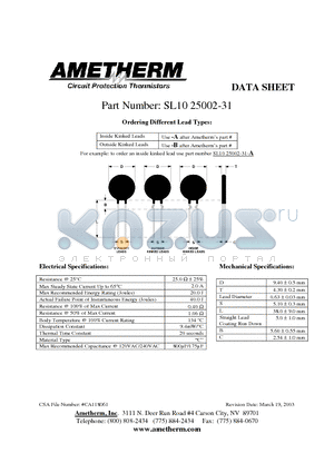 SL1025002-31-A datasheet - Circuit Protection Thermistors