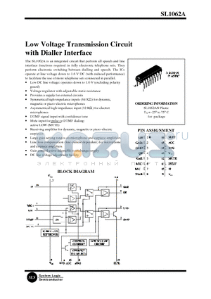 SL1062A datasheet - Low Voltage Transmission Circuit with Dialler Interface