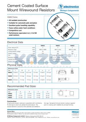 WA83Z1K5G datasheet - Cement Coated Surface Mount Wirewound Resistors