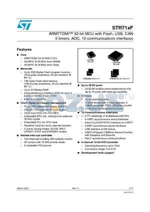 STR710RZT6 datasheet - ARM7TDMI 32-bit MCU with Flash, USB, CAN 5 timers, ADC, 10 communications interfaces