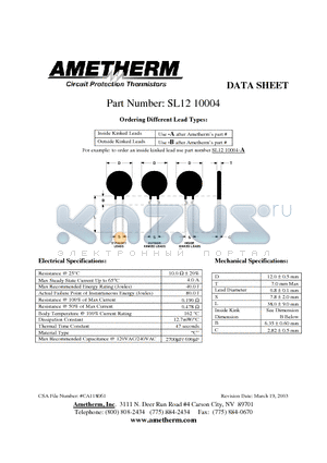 SL1210004-B datasheet - Circuit Protection Thermistors