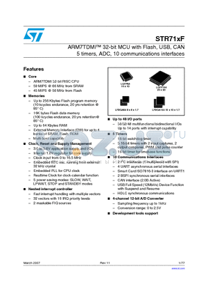 STR711FR1XX datasheet - ARM7TDMI 32-bit MCU with Flash, USB, CAN 5 timers, ADC, 10 communications interfaces