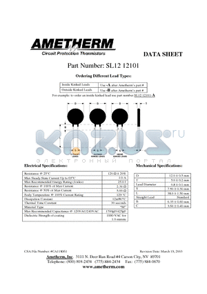 SL1212101-A datasheet - Circuit Protection Thermistors