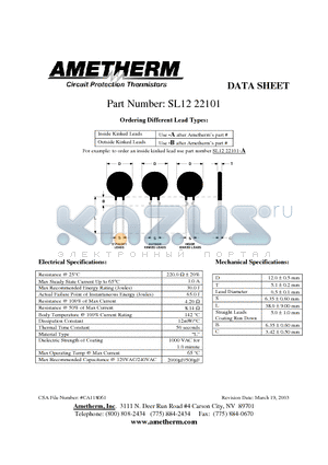 SL1222101 datasheet - Circuit Protection Thermistors