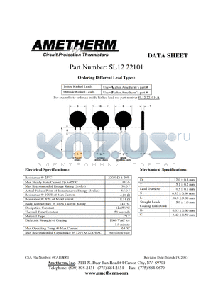 SL1222101-A datasheet - Circuit Protection Thermistors