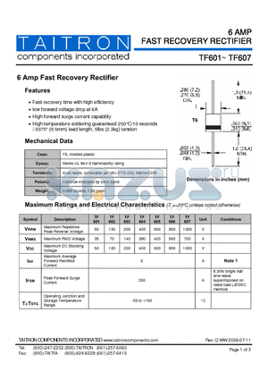 TF602 datasheet - 6 Amp Fast Recovery Rectifier