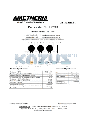 SL1247003-A datasheet - Circuit Protection Thermistors