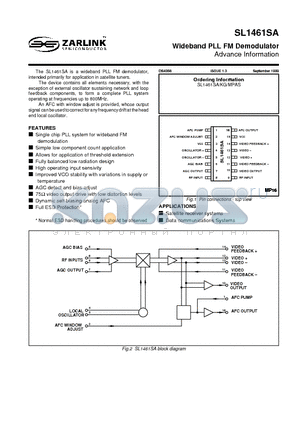 SL1461KG datasheet - Wideband PLL FM Demodulator