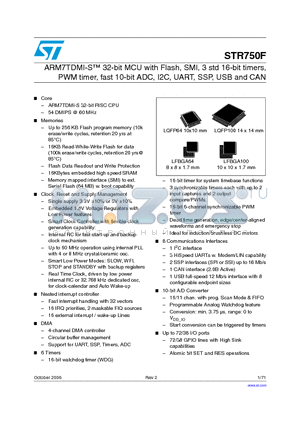 STR750F datasheet - ARM7TDMI-S, 32-bit MCU with Flash, SMI, 3 std 16-bit timers PWM timer, fast 10-bit ADC, I2C, UART, SSP, USB and CAN