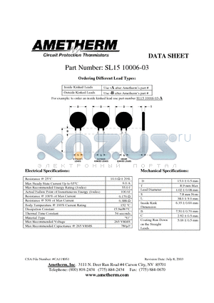 SL1510006-03 datasheet - Circuit Protection Thermistors