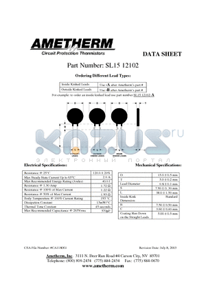 SL1512102-A datasheet - Circuit Protection Thermistors