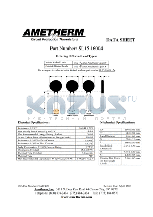 SL1516004-B datasheet - Circuit Protection Thermistors