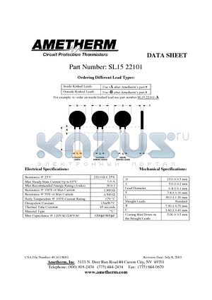 SL1522101-B datasheet - Circuit Protection Thermistors